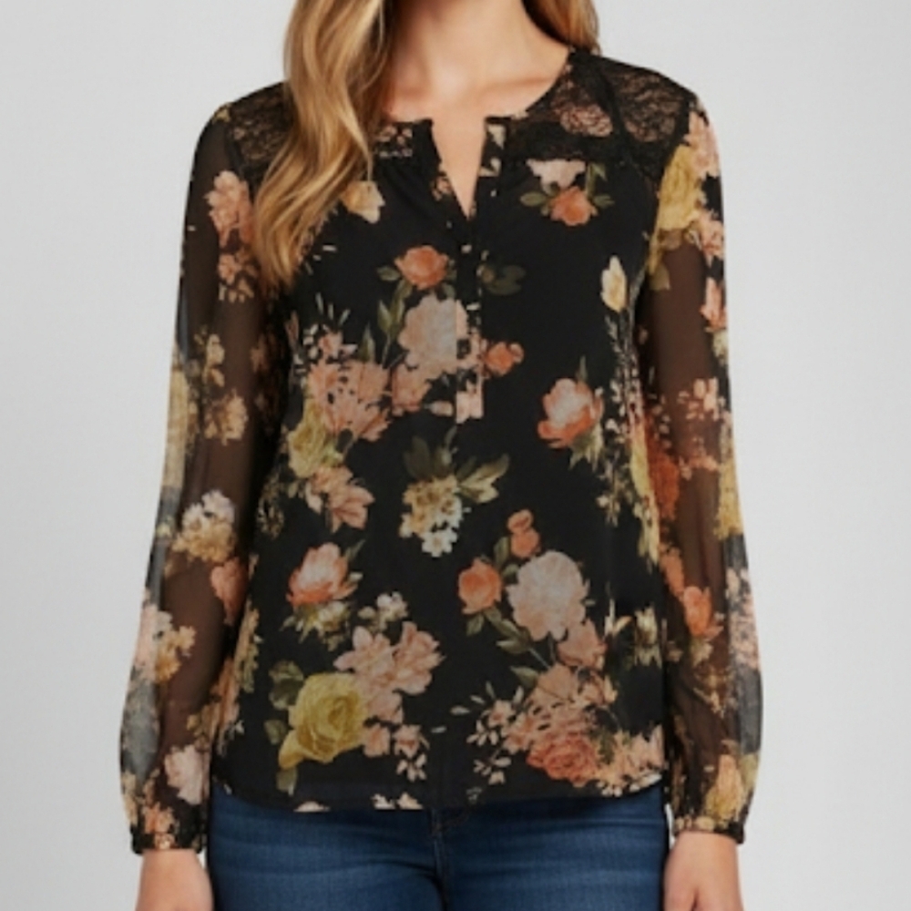 Vince Camuto Floral Sheer Long Sleeve Chiffon Lace Blouse In Black Sz Small
